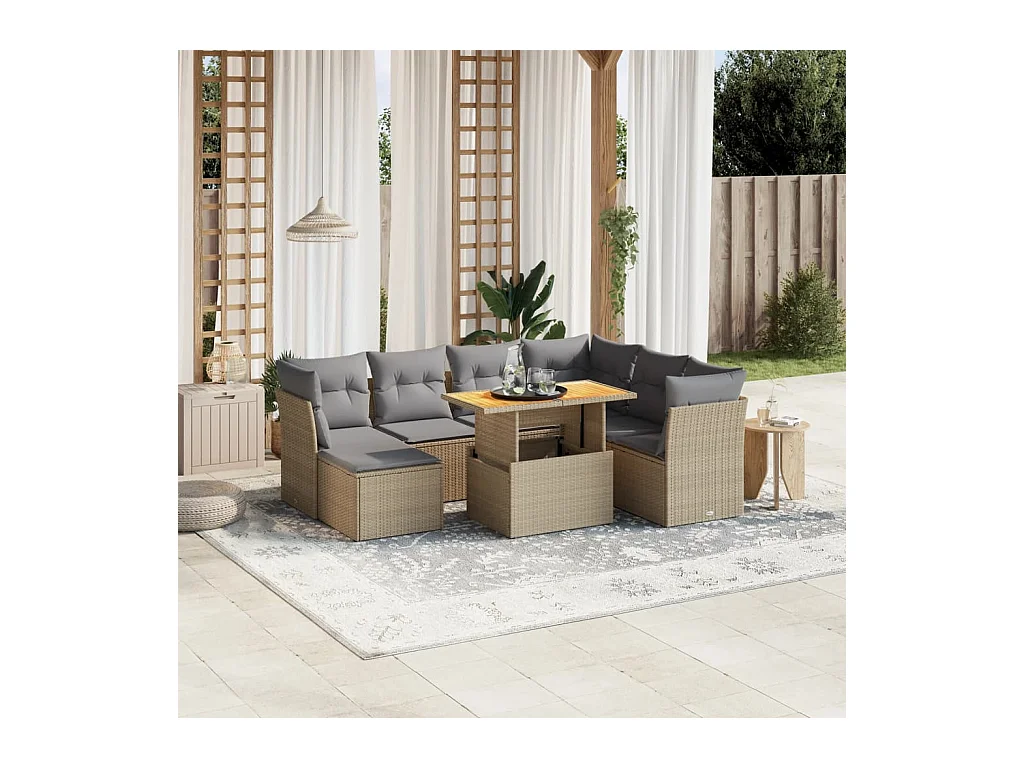 8-tlg. Garten-Sofagarnitur mit Kissen Beige Poly Rattan
