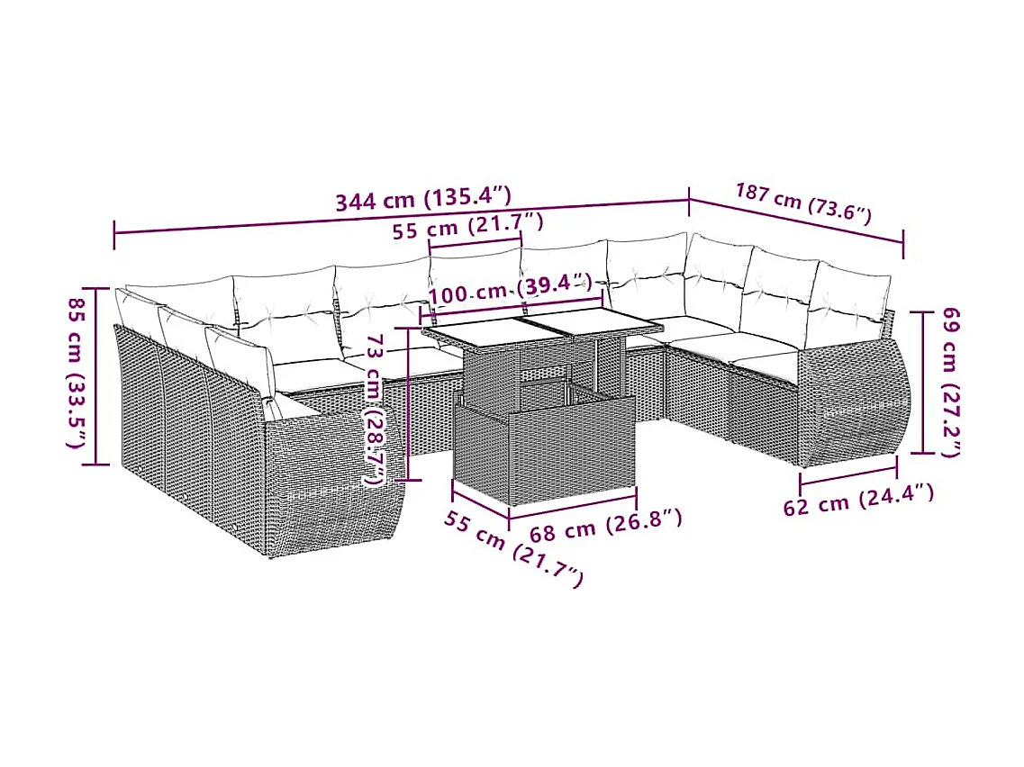11 pcs conjunto sofás de jardim c/ almofadões vime PE bege