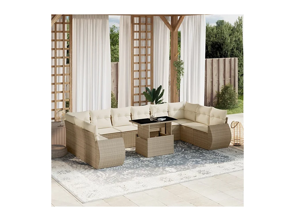 Salon de jardin 11 pcs avec coussins beige résine tressée