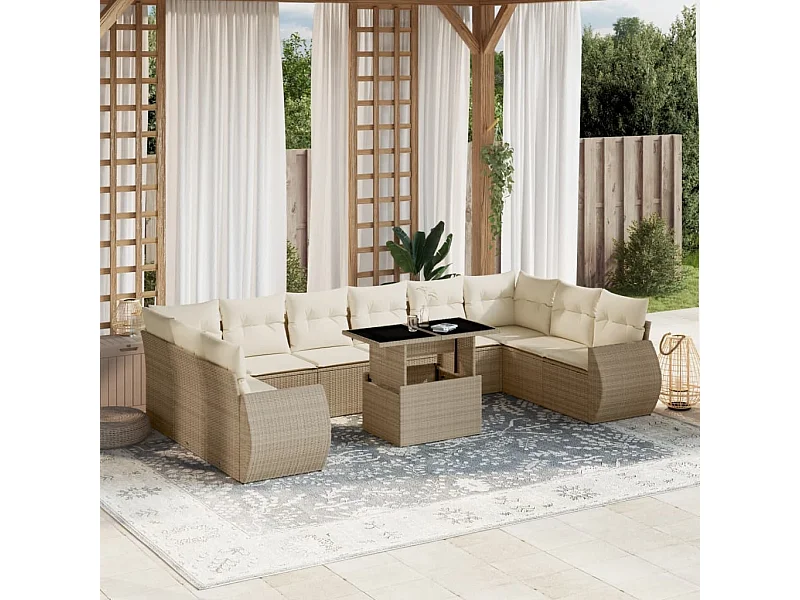 Salon de jardin 11 pcs avec coussins beige résine tressée