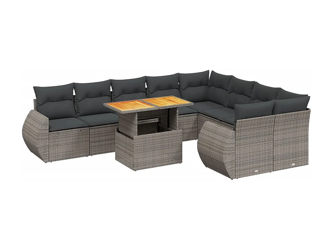 10-tlg. Garten-Sofagarnitur mit Kissen Grau Poly Rattan