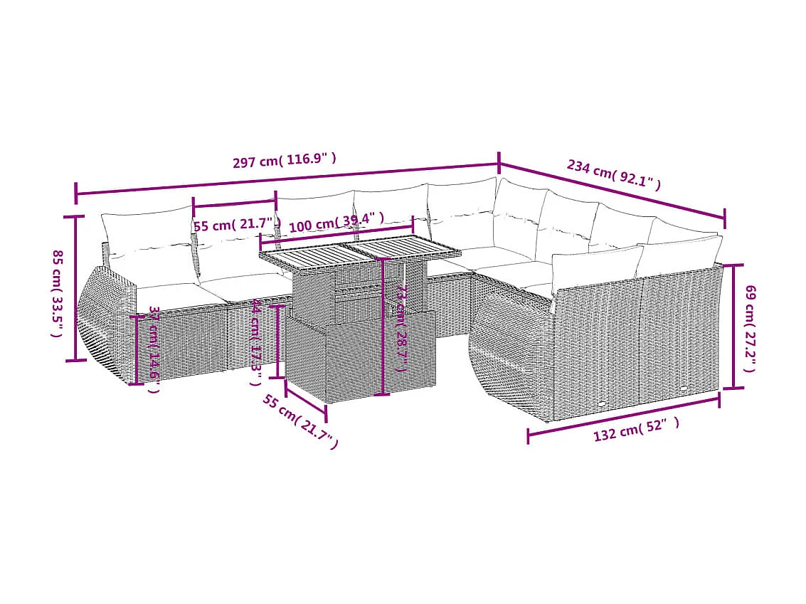 10-tlg. Garten-Sofagarnitur mit Kissen Grau Poly Rattan