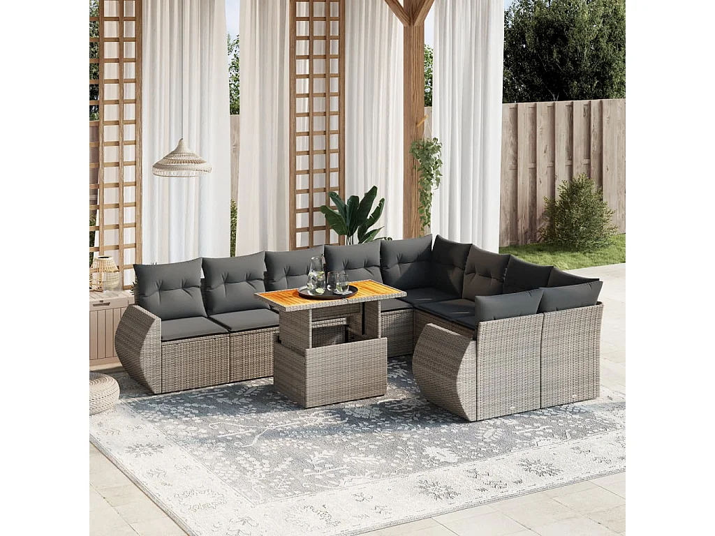 Salon de jardin avec coussins 10 pcs gris résine tressée