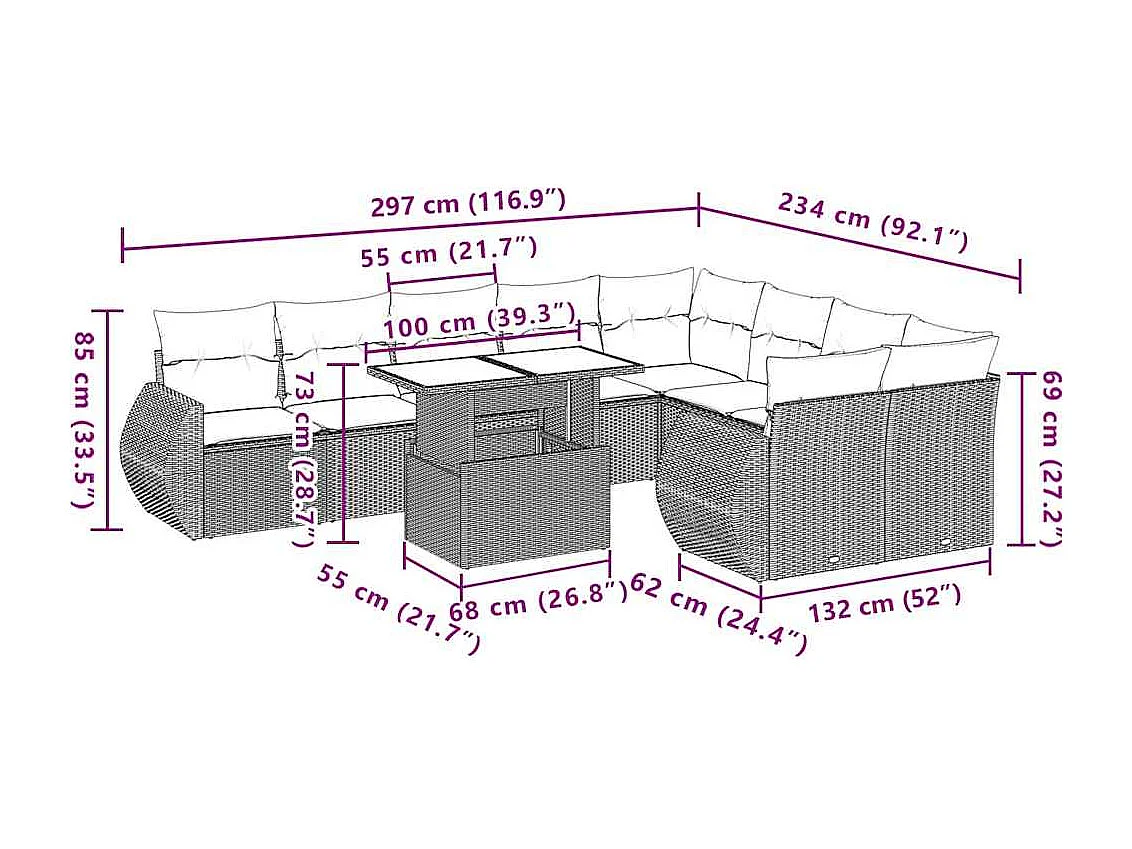 Set Divano da Giardino 10 pz con Cuscini Beige in Polyrattan