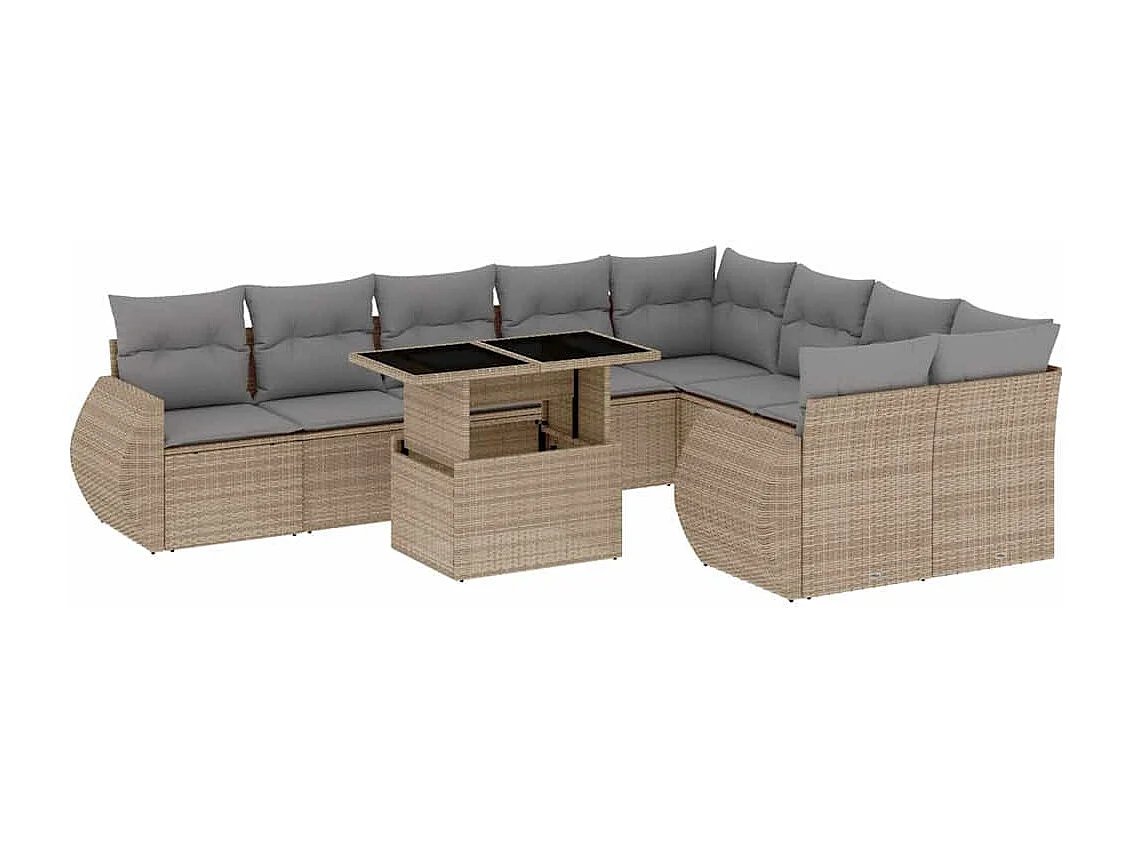 10-delige Loungeset met kussens poly rattan beige