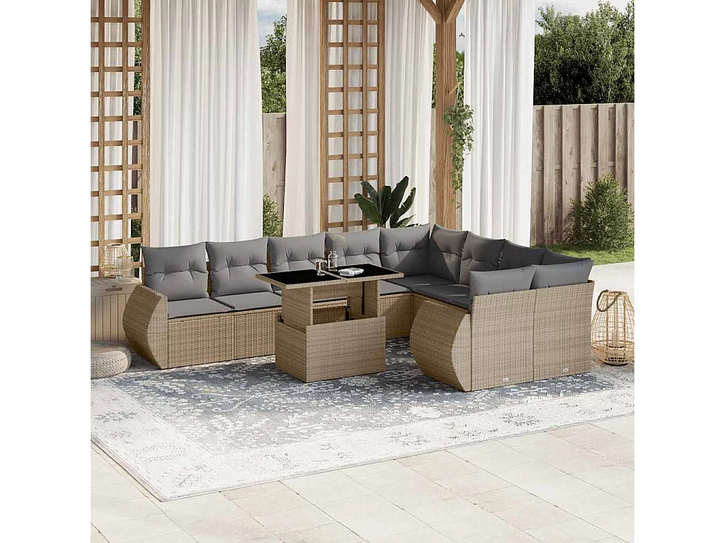 10-delige Loungeset met kussens poly rattan beige