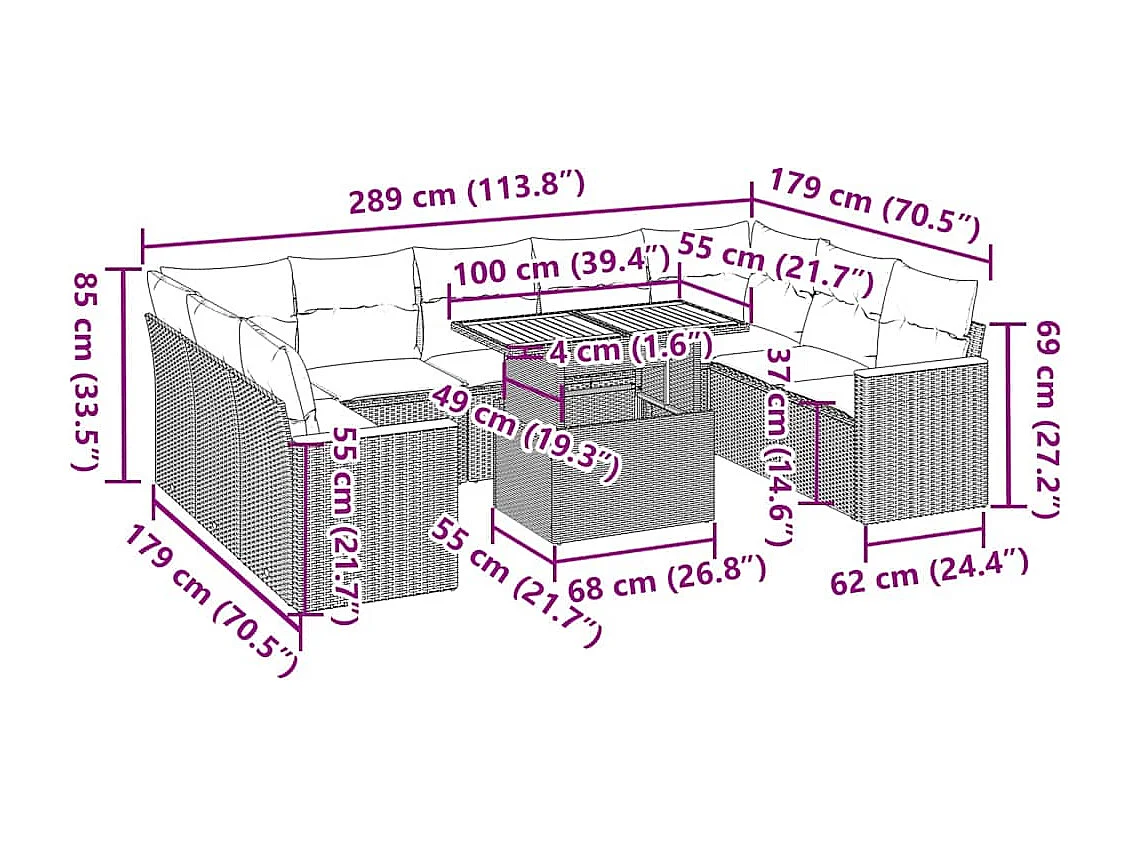 10-tlg. Garten-Sofagarnitur mit Kissen Schwarz Poly Rattan