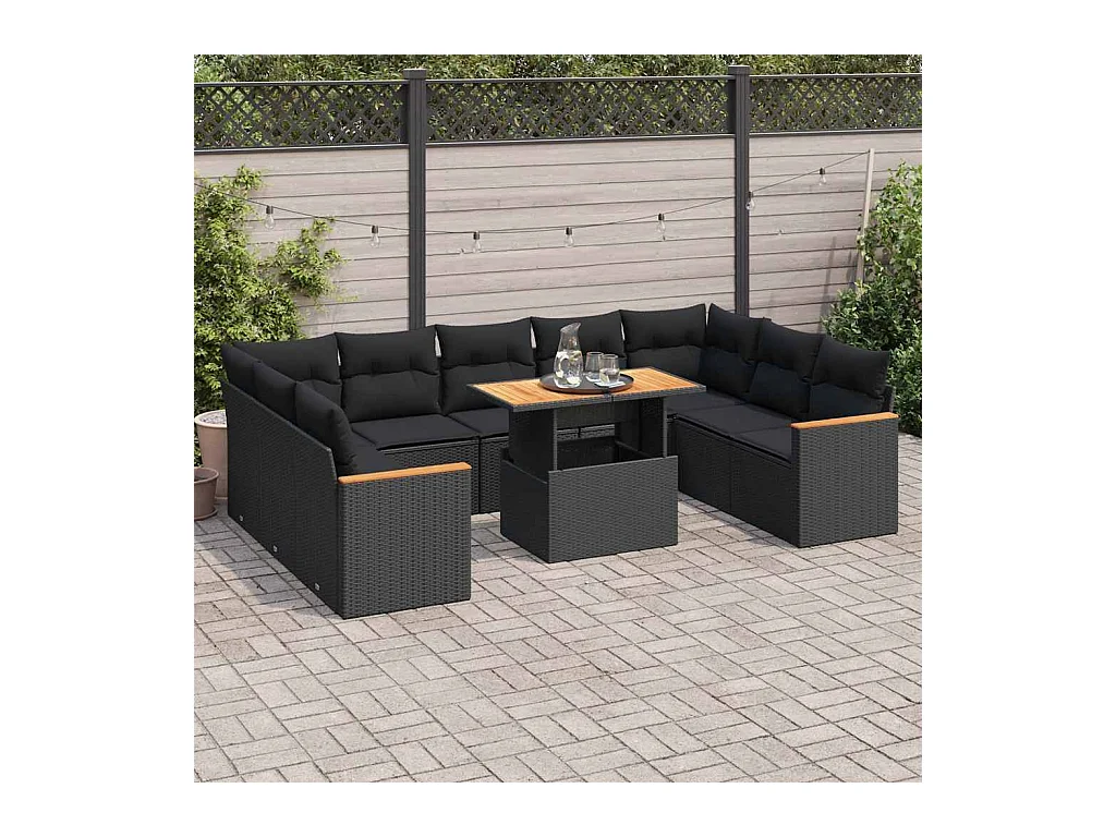 Salon de jardin 10 pcs avec coussins noir résine tressée acacia