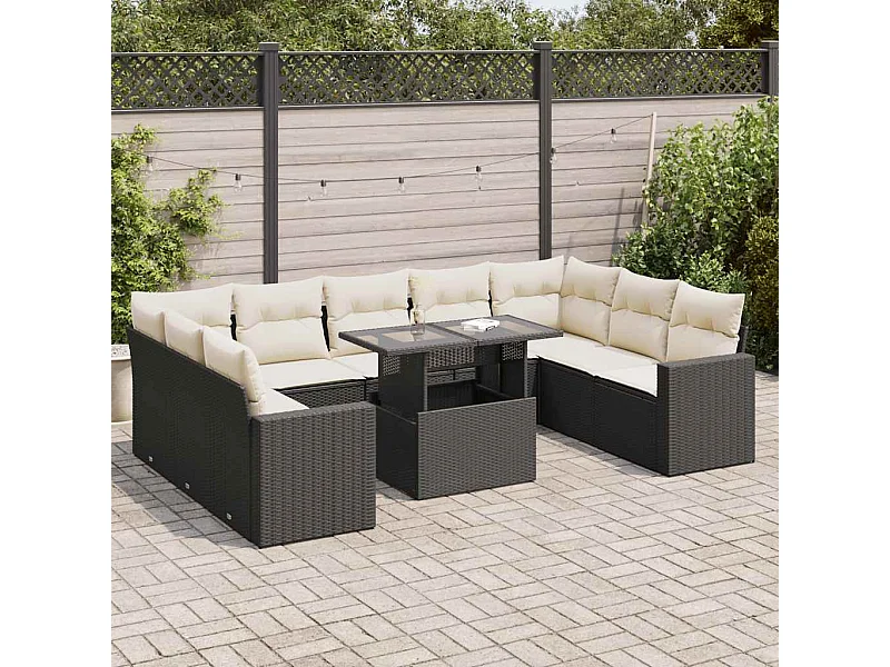10-delige Loungeset met kussens poly rattan zwart