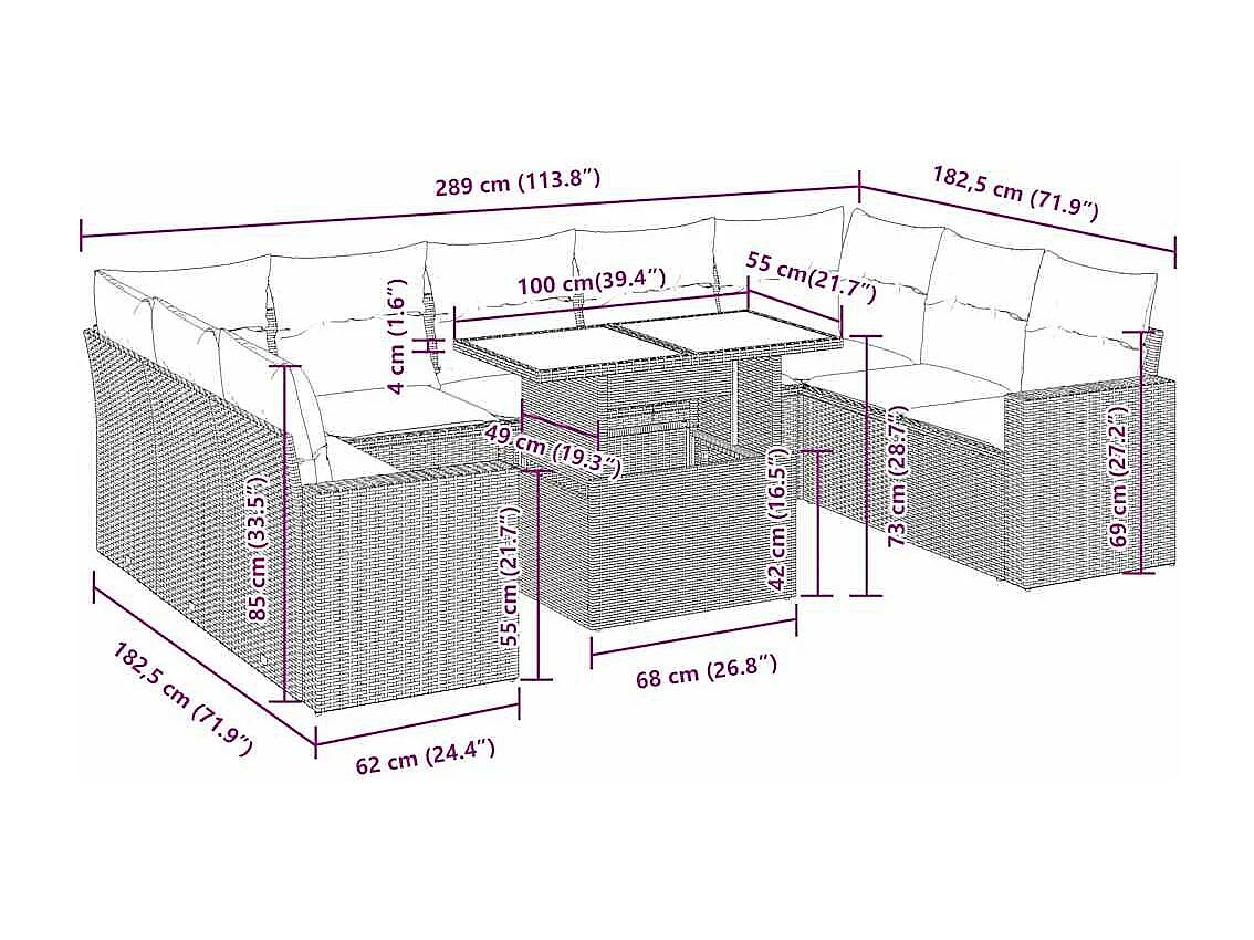 Salon de jardin 10 pcs avec coussins noir résine tressée