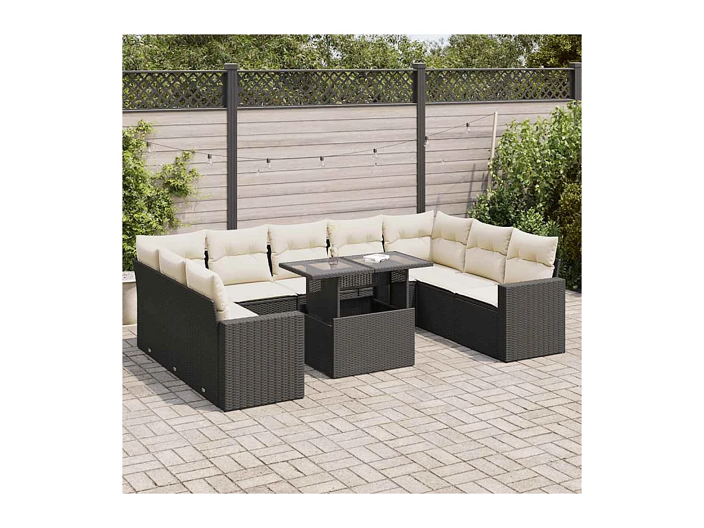 Salon de jardin 10 pcs avec coussins noir résine tressée