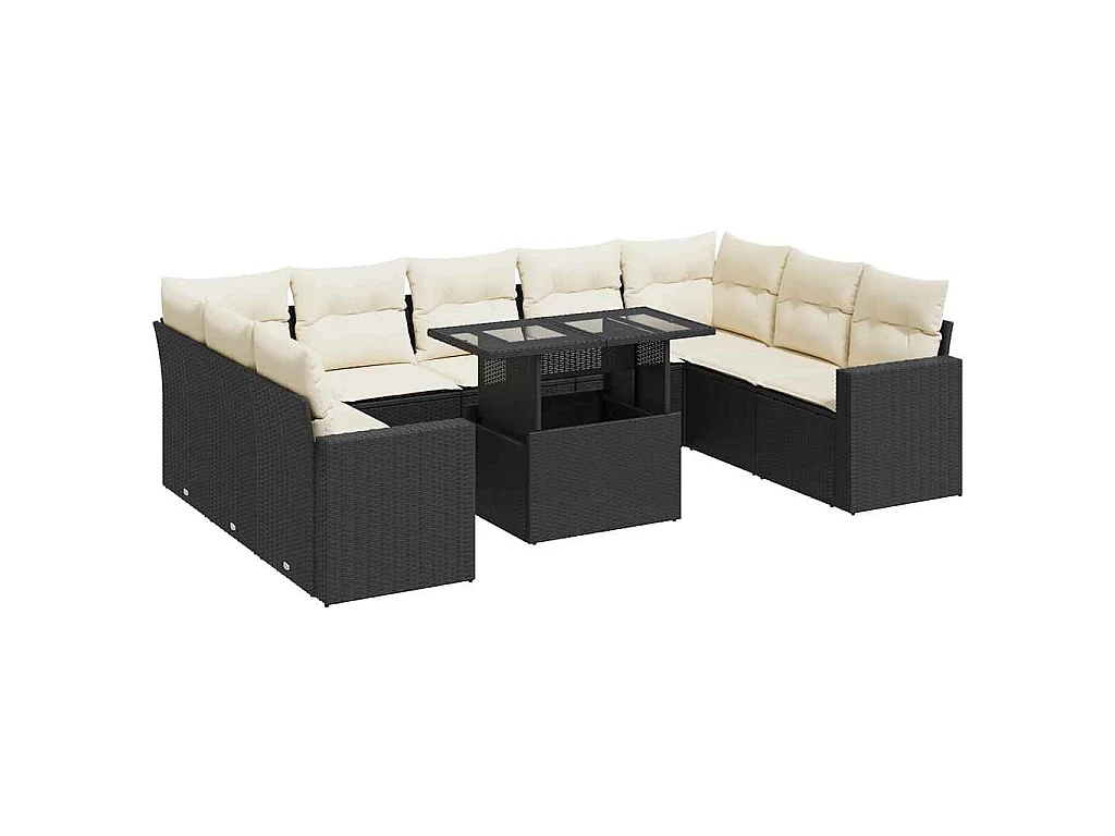 10-delige Loungeset met kussens poly rattan zwart