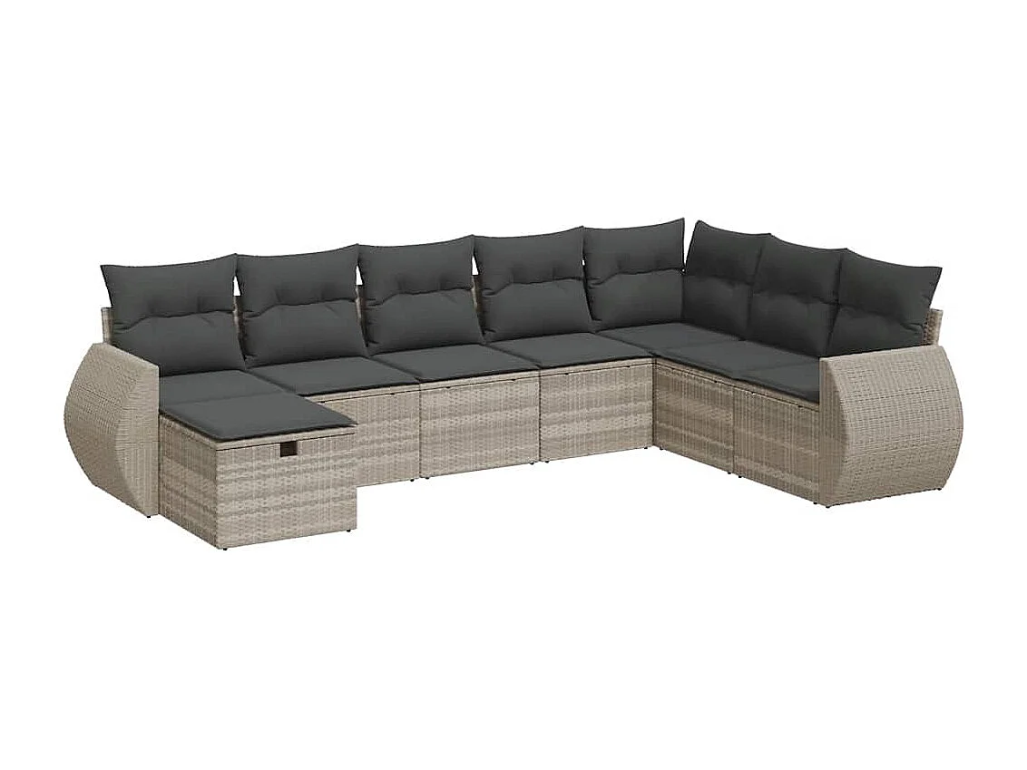 Set Divano da Giardino 8pz con Cuscini Grigio Chiaro Polyrattan