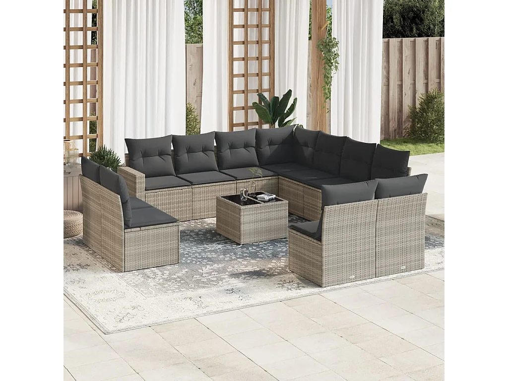 Salon de jardin avec coussins 12 pcs gris clair résine tressée