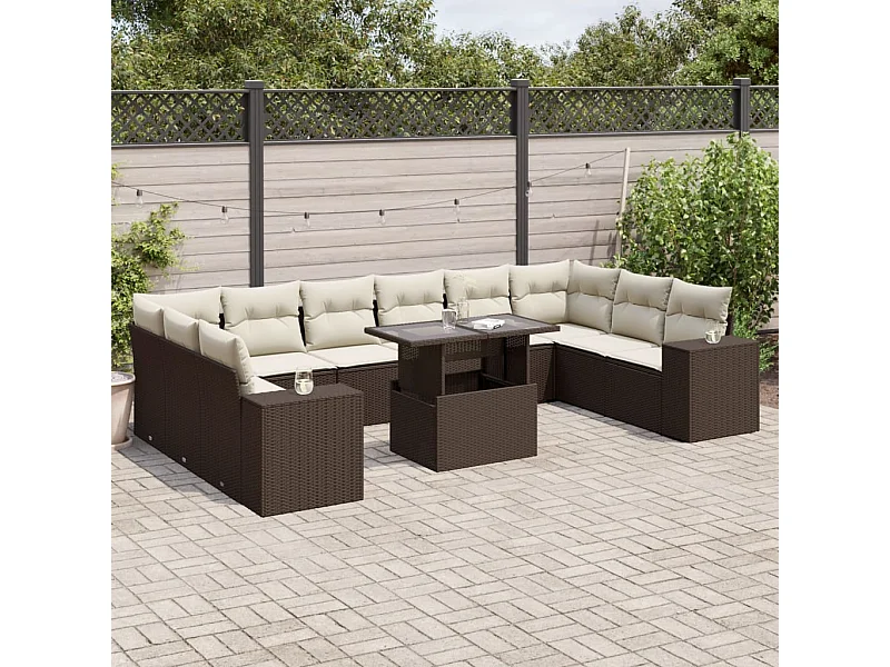 11-tlg. Garten-Sofagarnitur mit Kissen Braun Poly Rattan