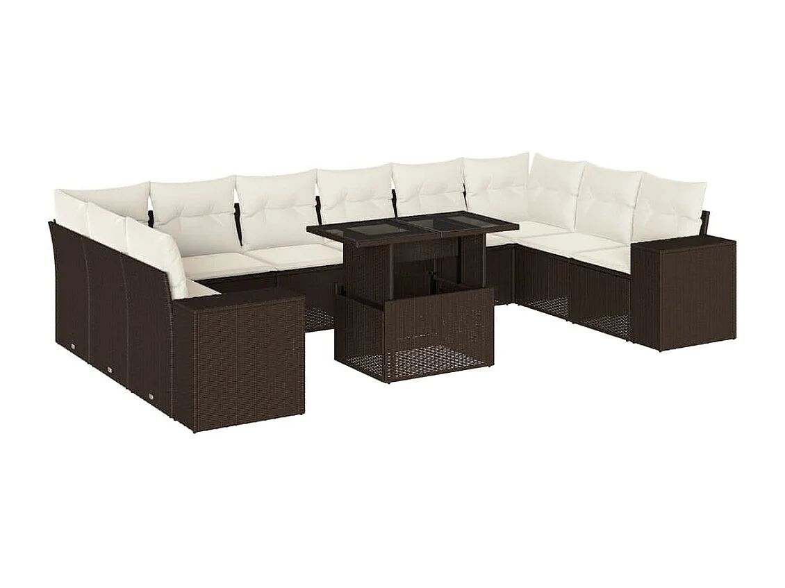 11-tlg. Garten-Sofagarnitur mit Kissen Braun Poly Rattan