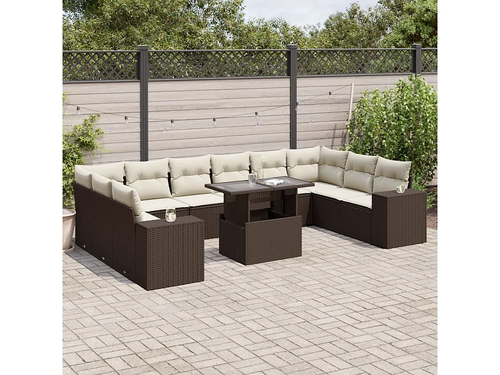 11-delige Loungeset met kussens poly rattan bruin