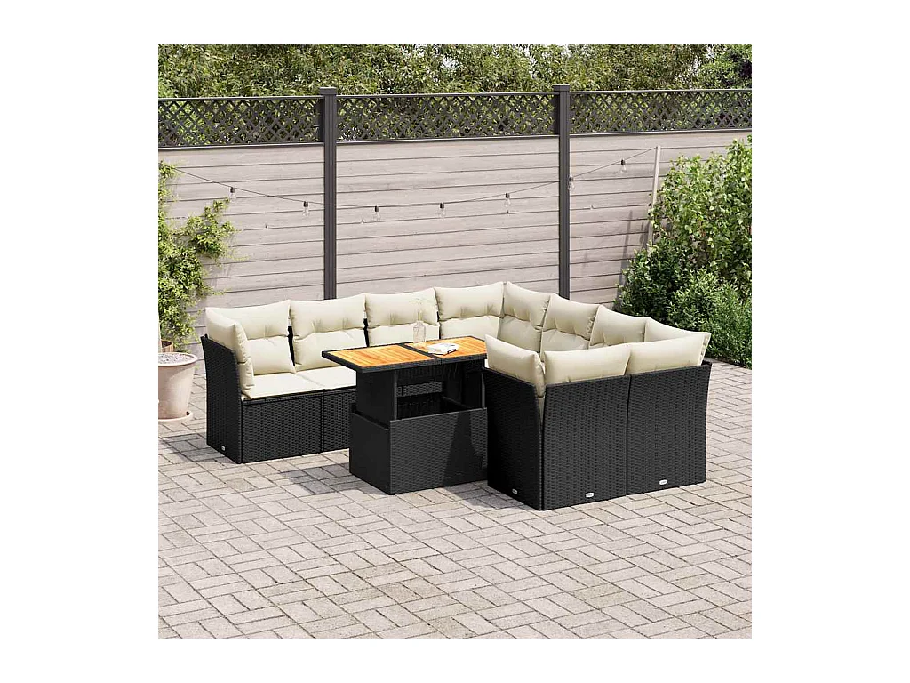 Set Divani da Giardino 9 pz con Cuscini Nero in Polyrattan
