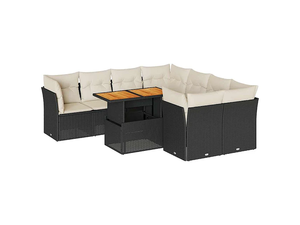 Set Divani da Giardino 9 pz con Cuscini Nero in Polyrattan