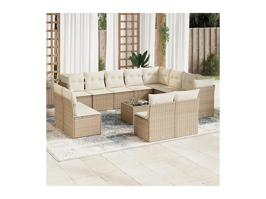 Salon de jardin avec coussins 13 pcs beige résine tressée