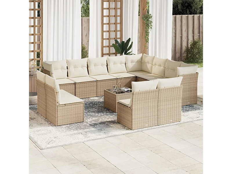 13 pcs conjunto de sofás p/ jardim com almofadões vime PE bege