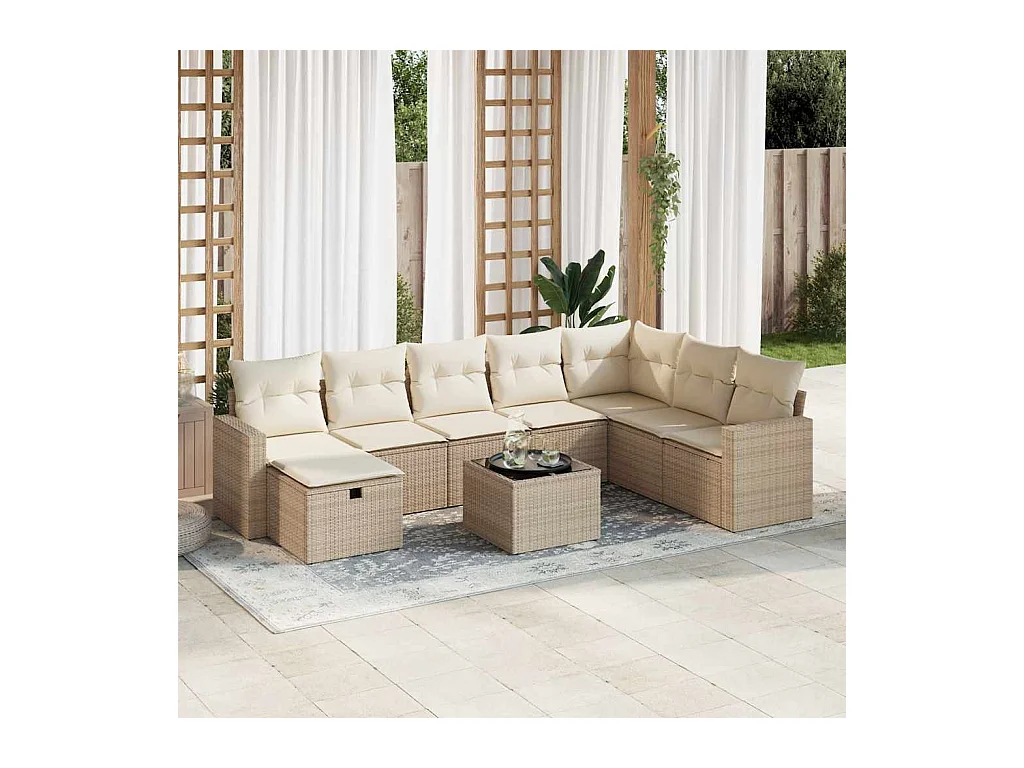 Salon de jardin avec coussins 9 pcs beige résine tressée