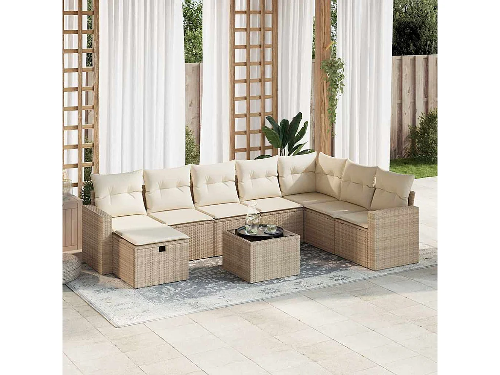 Salon de jardin avec coussins 9 pcs beige résine tressée