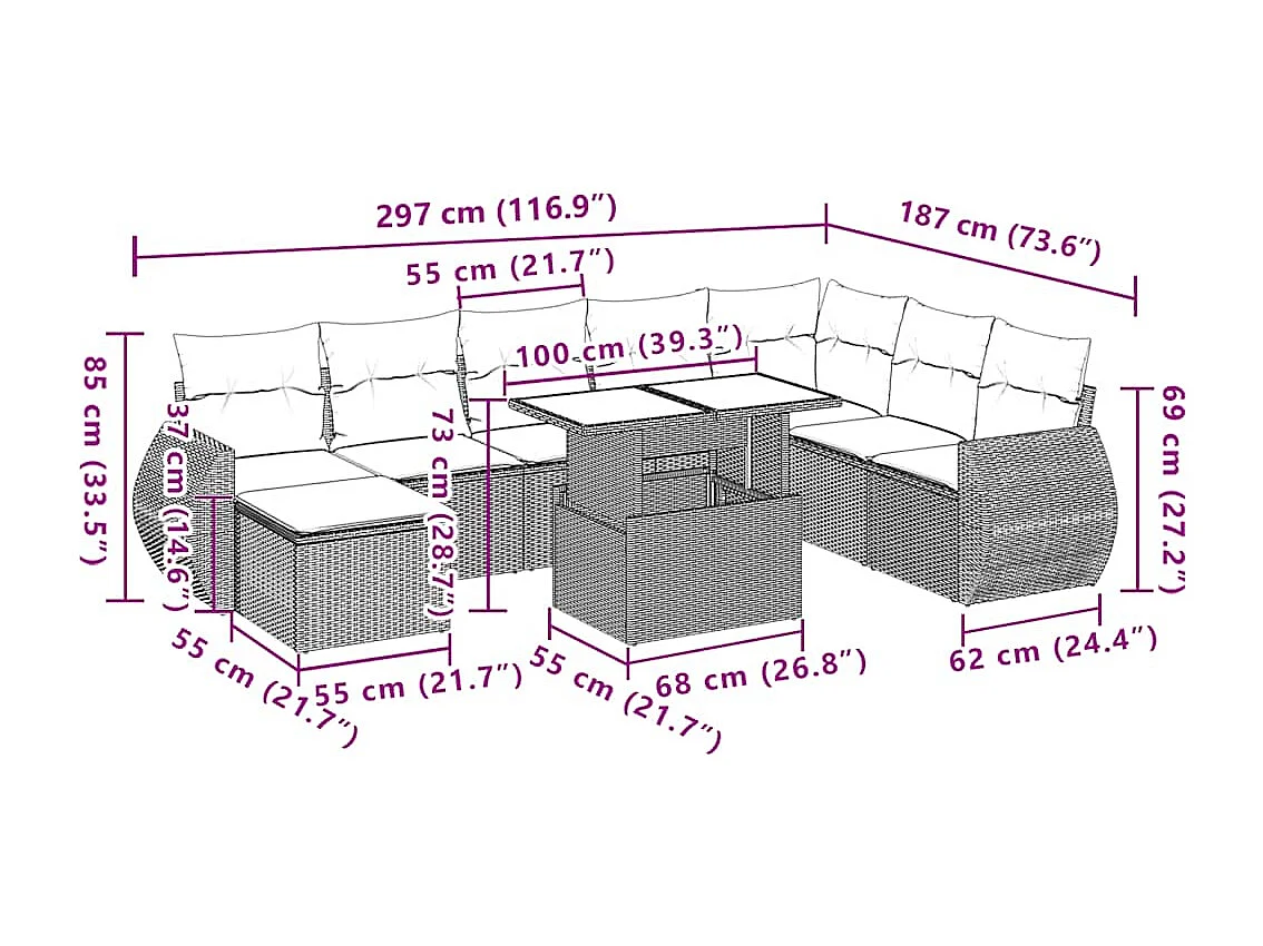 Salon de jardin avec coussins 9 pcs marron résine tressée