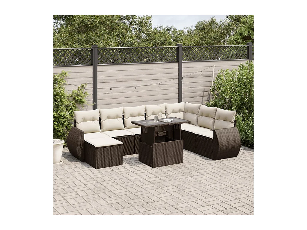 9-tlg. Garten-Sofagarnitur mit Kissen Braun Poly Rattan