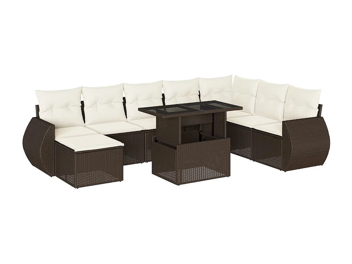 9-tlg. Garten-Sofagarnitur mit Kissen Braun Poly Rattan