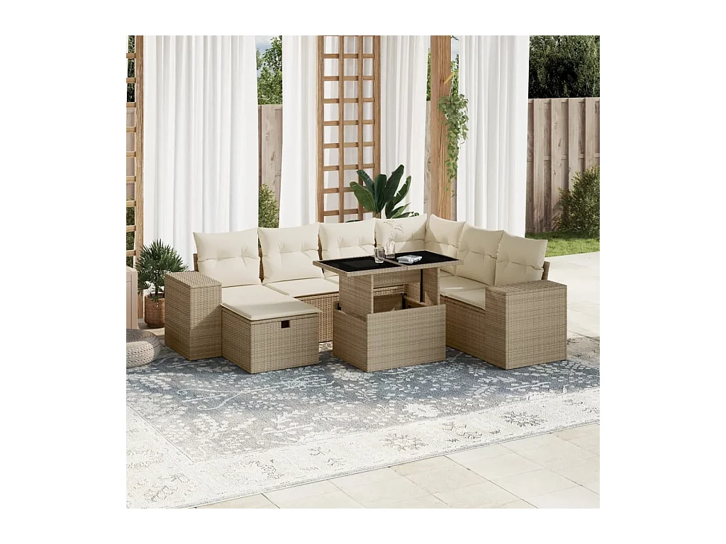 Set Divano da Giardino 8 pz con Cuscini Beige in Polyrattan