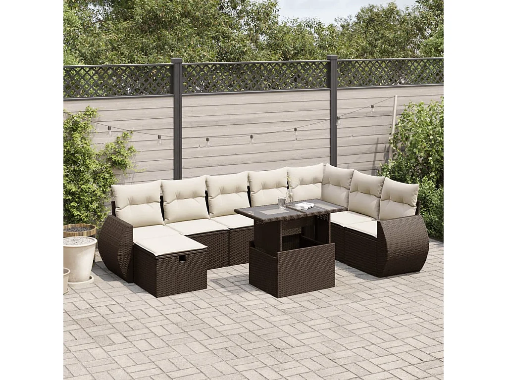 Salon de jardin avec coussins 9 pcs marron résine tressée