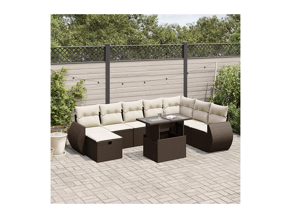 Set de sofás de jardín 9 pzas y cojines ratán sintético marrón