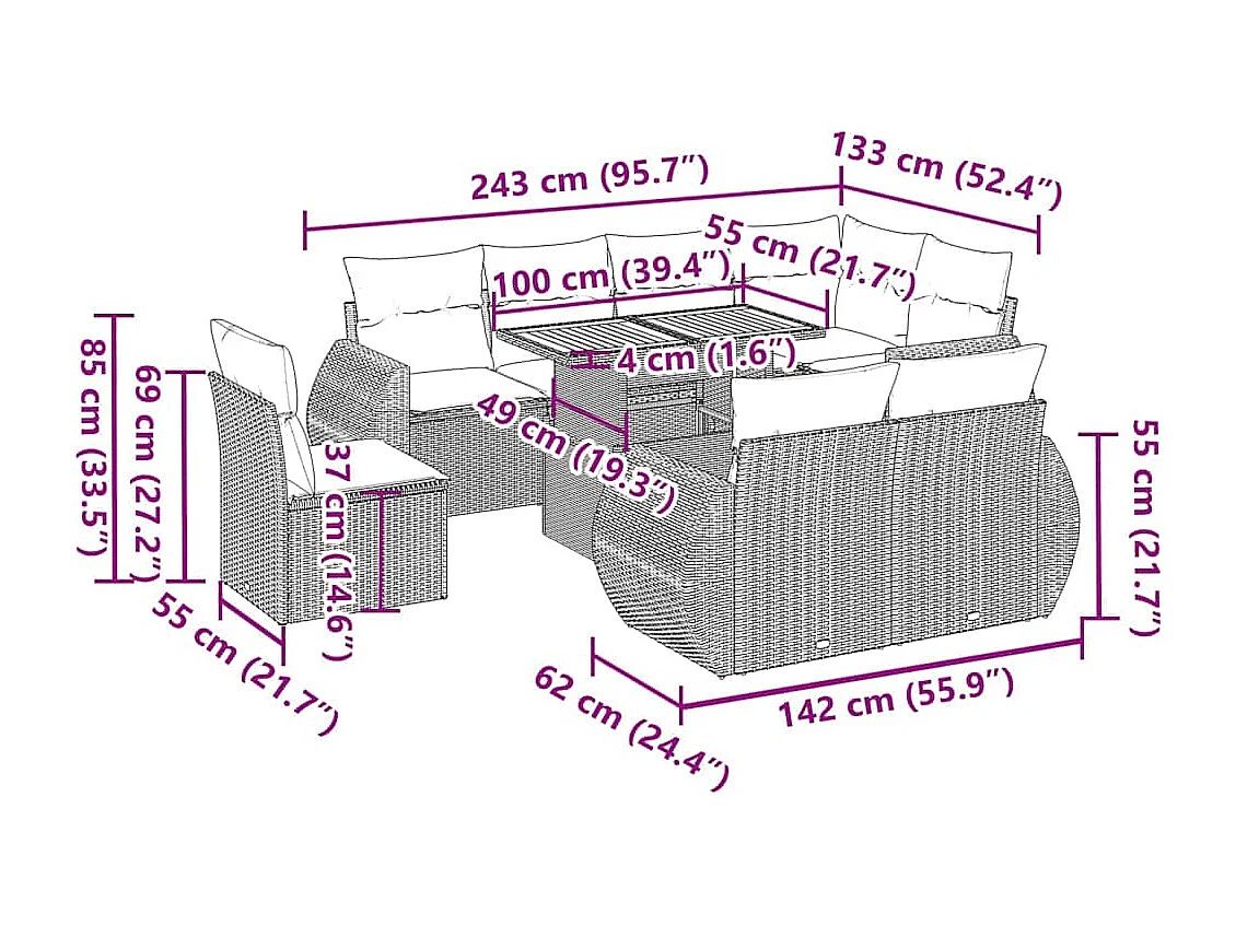 Salon de jardin avec coussins 9 pcs beige résine tressée