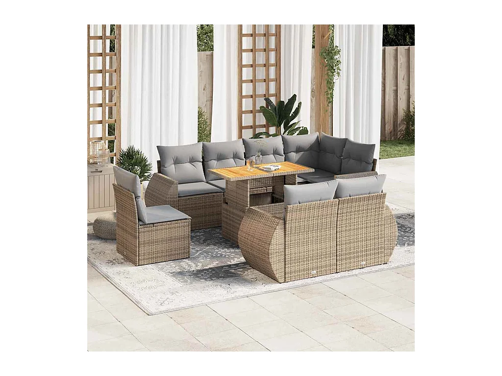 Salon de jardin avec coussins 9 pcs beige résine tressée