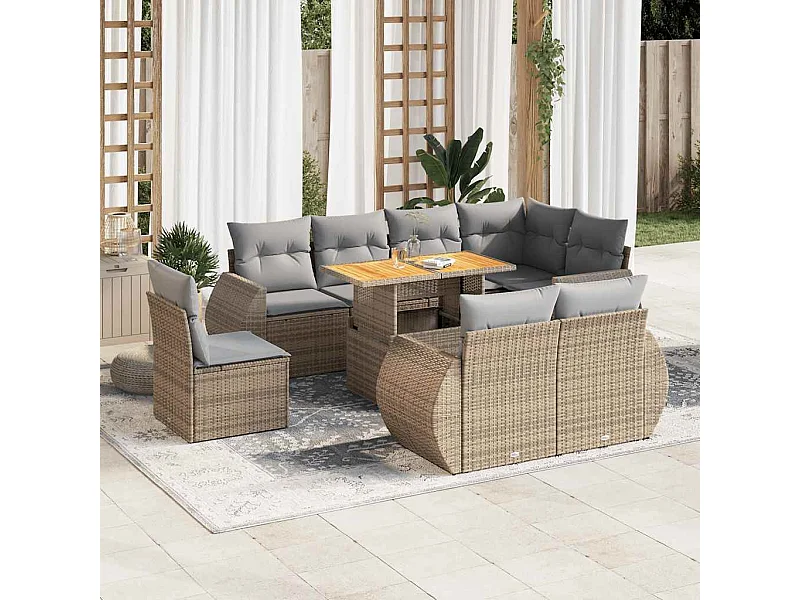 Salon de jardin avec coussins 9 pcs beige résine tressée