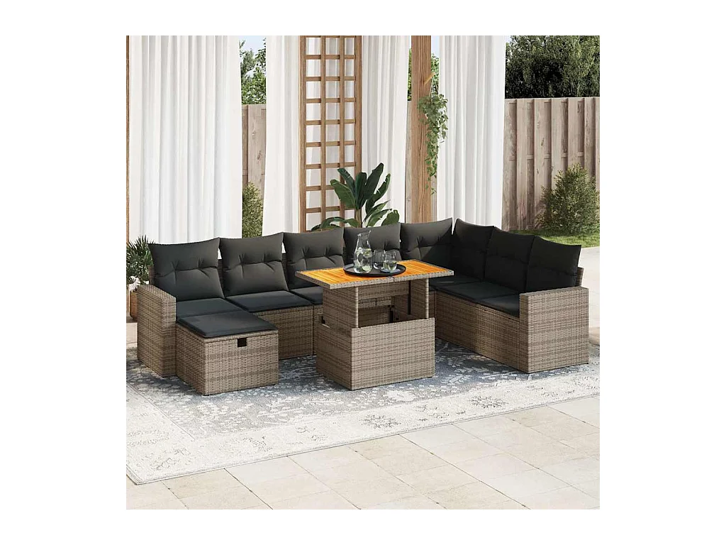 9-delige Loungeset met kussens poly rattan acacia grijs