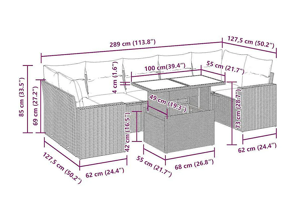 Salon de jardin 8 pcs avec coussins gris résine tressée