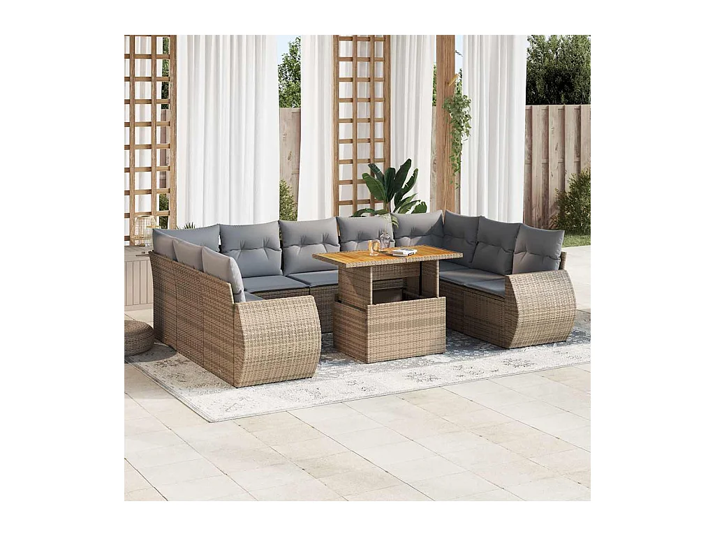 10-delige Loungeset met kussens poly rattan beige