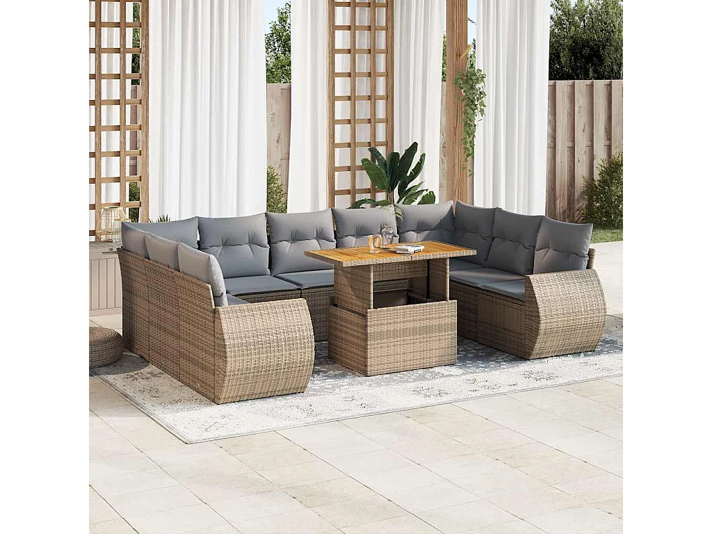 10-delige Loungeset met kussens poly rattan beige