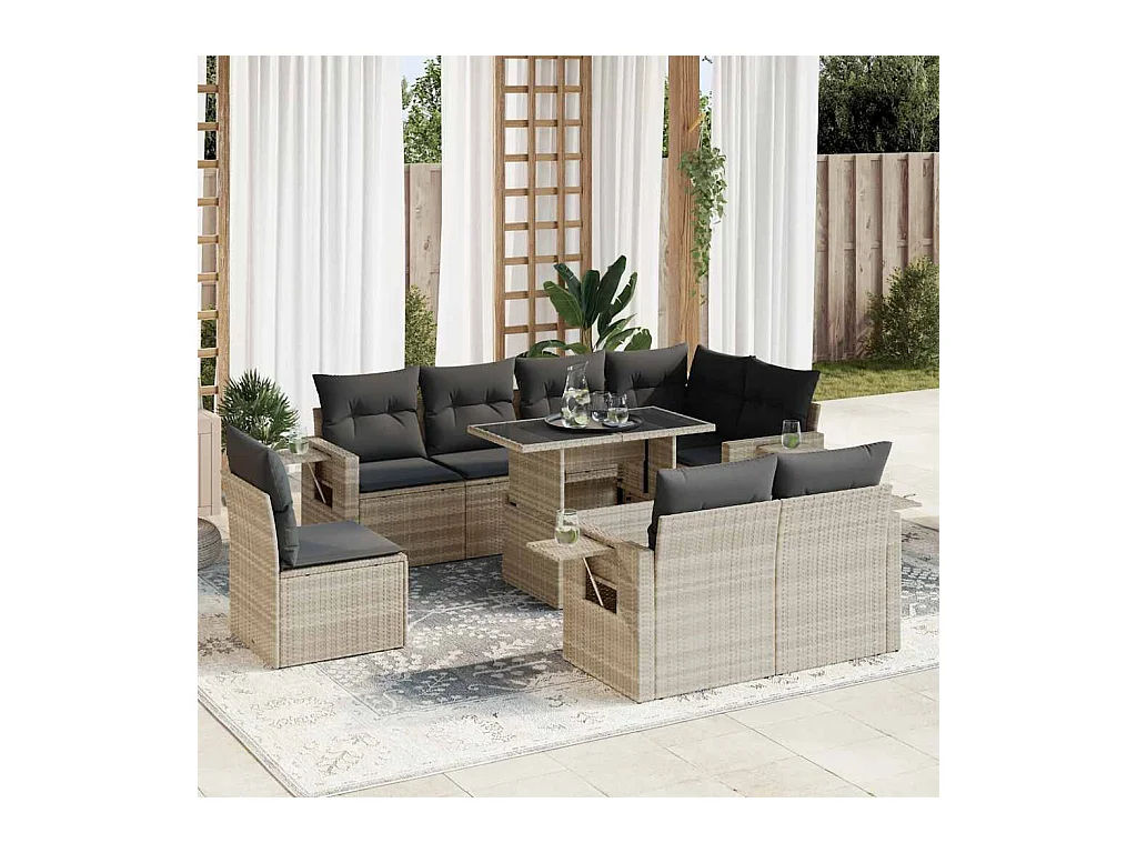 Salon de jardin 9 pcs avec coussins gris clair résine tressée
