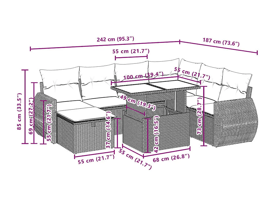 8-tlg. Garten-Sofagarnitur mit Kissen Beige Poly Rattan