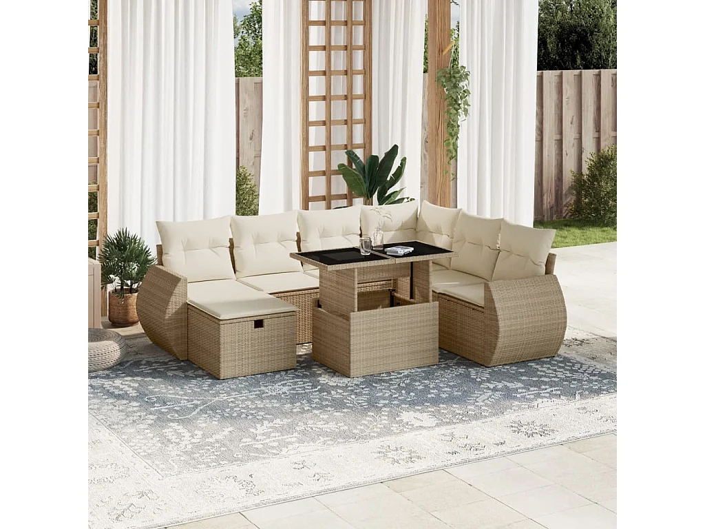 Salon de jardin avec coussins 8 pcs beige résine tressée
