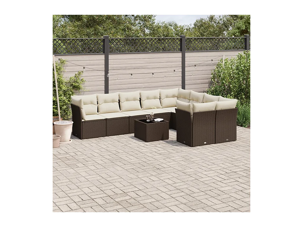 10-delige Loungeset met kussens poly rattan bruin