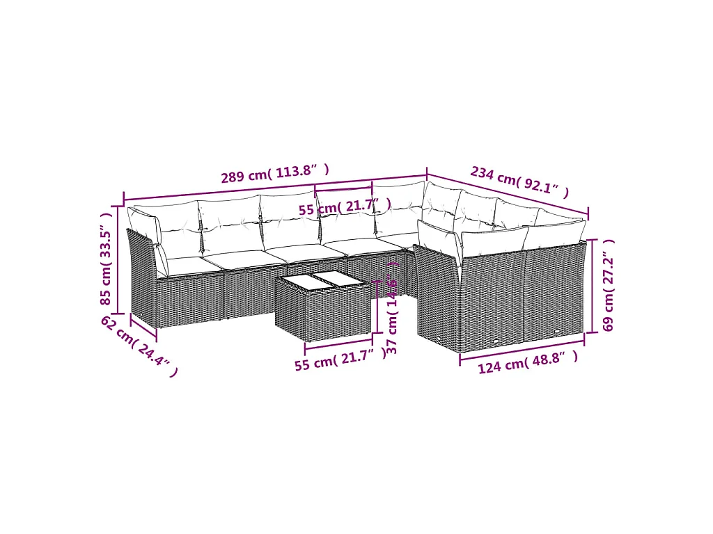 10-delige Loungeset met kussens poly rattan bruin