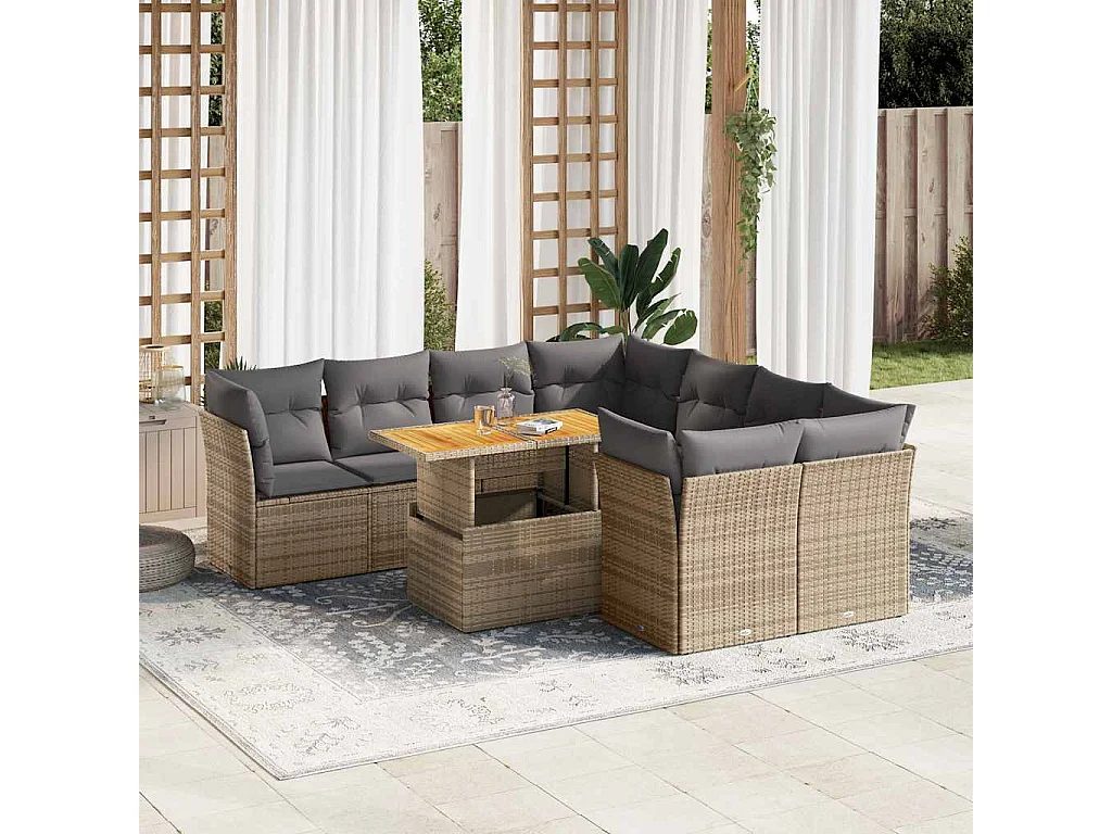 Salon de jardin avec coussins 9 pcs beige résine tressée