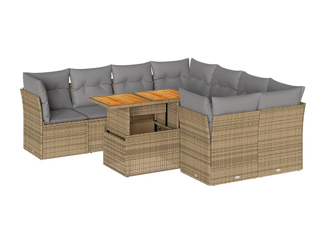 Salon de jardin avec coussins 9 pcs beige résine tressée