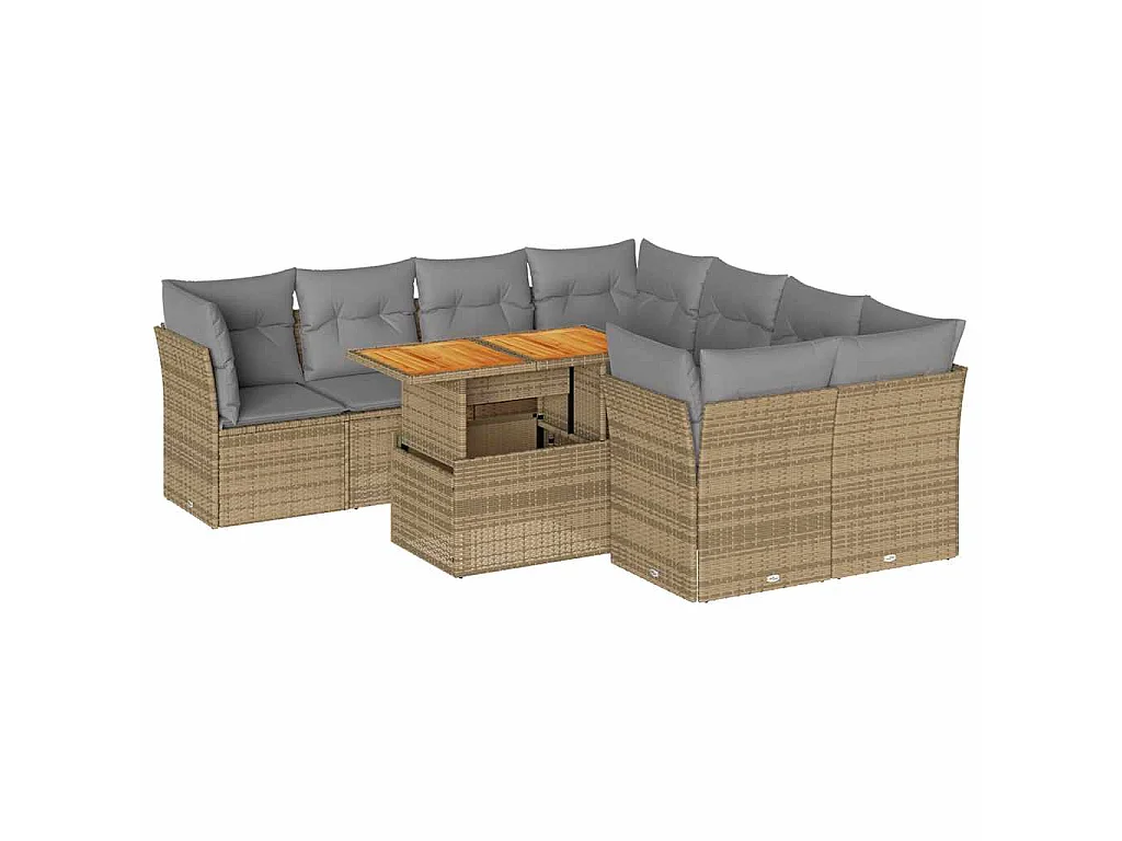 Set Divano da Giardino 9 pz con Cuscini Beige in Polyrattan