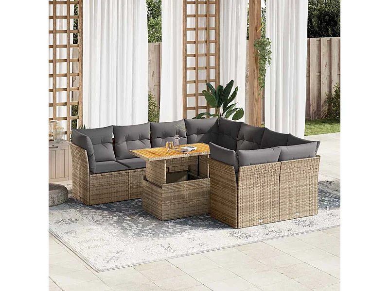 Salon de jardin avec coussins 9 pcs beige résine tressée