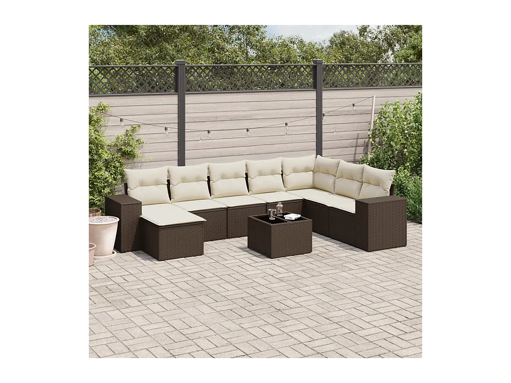 Salon de jardin avec coussins 9 pcs marron résine tressée